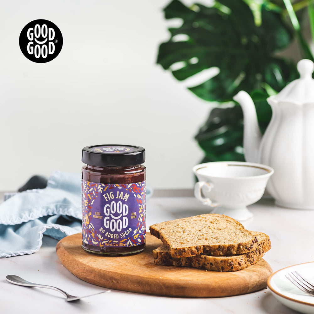 GOOD GOOD Fig Jam glass jar on counter emphasizes premium packaging.