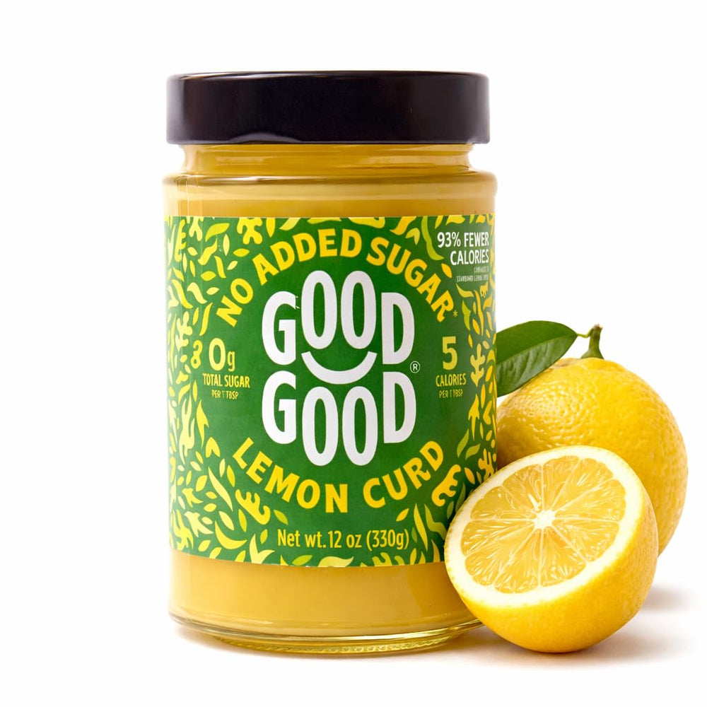 GOOD GOOD lemon curd jar—vegan, low-calorie spread for quick breakfasts.