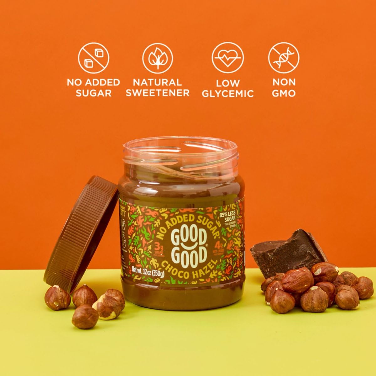 Good Good natural sweeteners stevia and maltitol label highlights sugar-free indulgence.