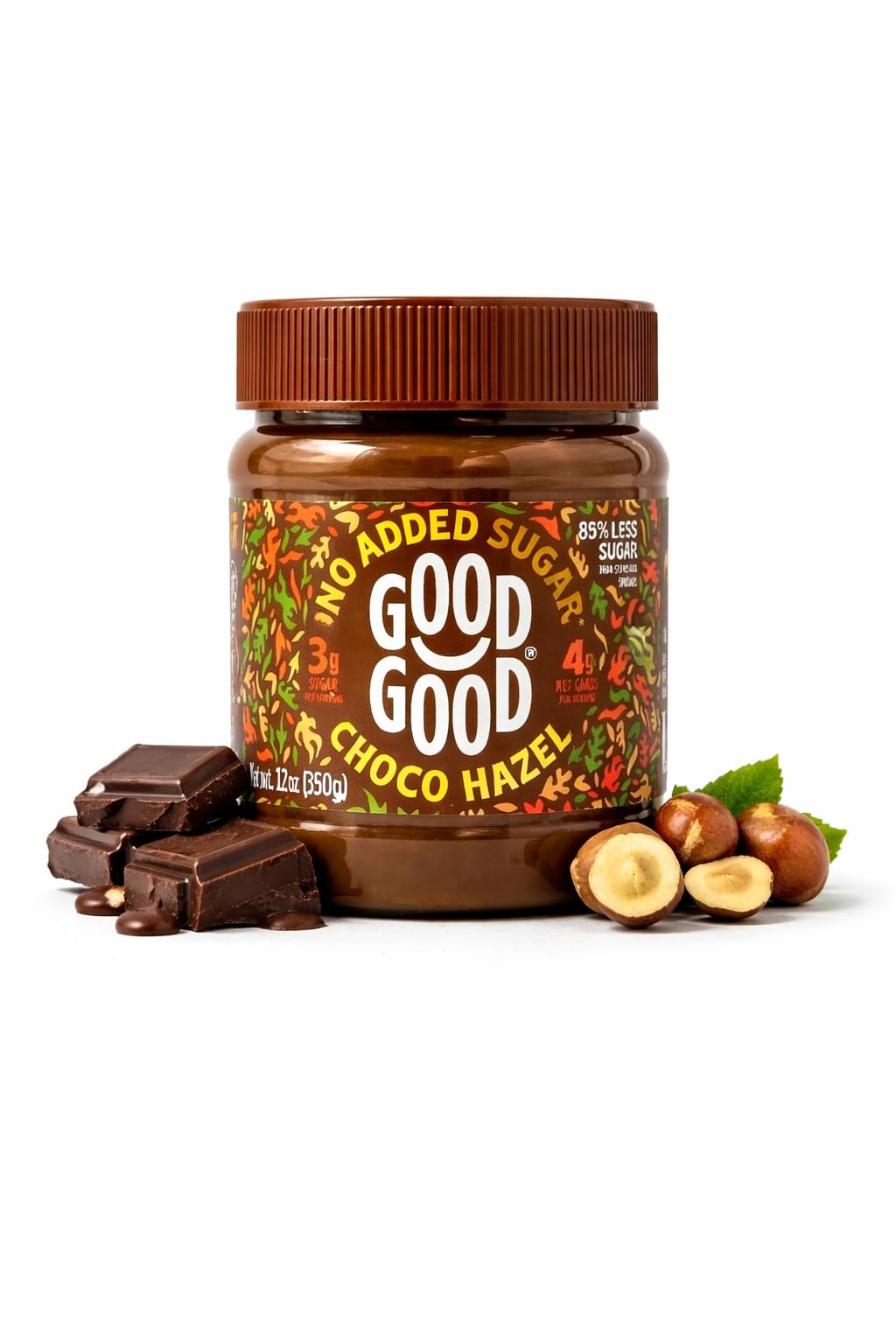 Good Good No Added Sugar Belgian Choco Hazel Spread jar close-up, creamy texture for sugar-free indulgence