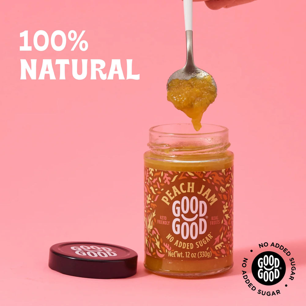 GOOD GOOD Peach Jam bowl with ingredients emphasizes natural sweeteners.