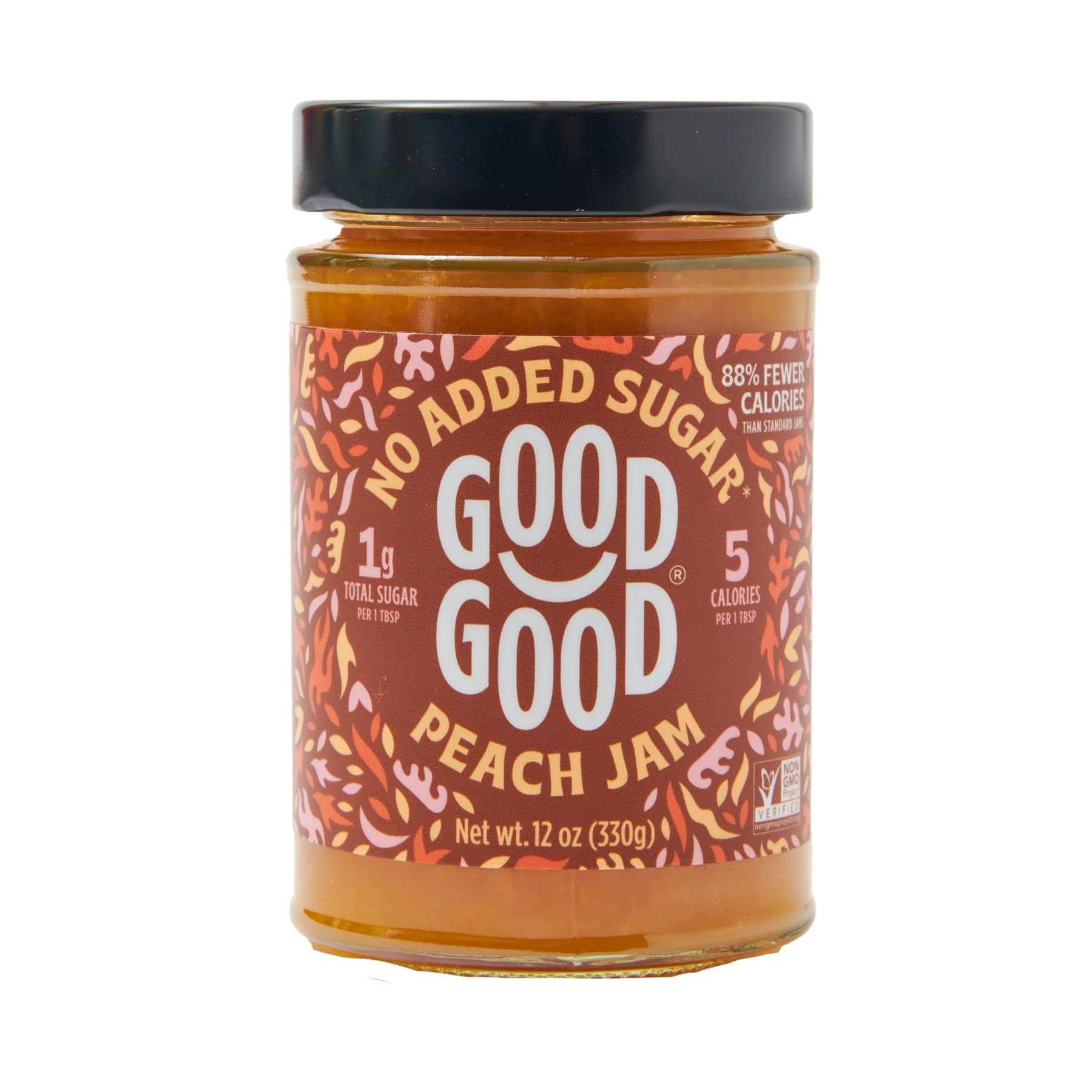 GOOD GOOD Peach Jam jar closeup shows real fruit and no added sugar.