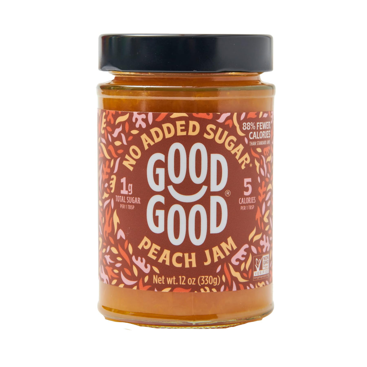 GOOD GOOD Peach Jam jar closeup shows real fruit and no added sugar.