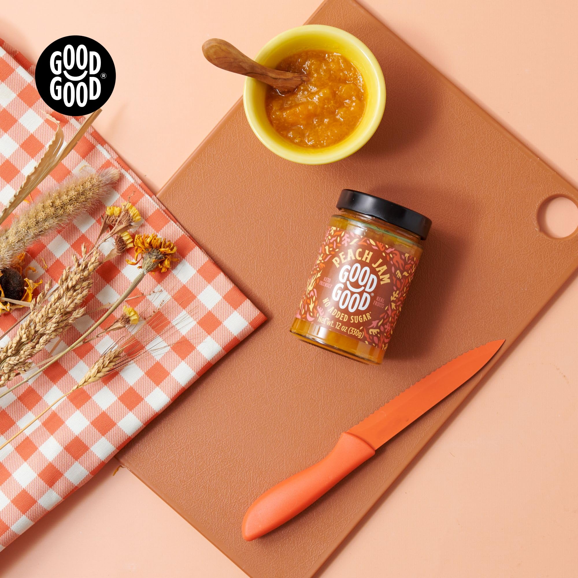 GOOD GOOD Peach Jam kitchen scene suggests everyday, gluten-free use.