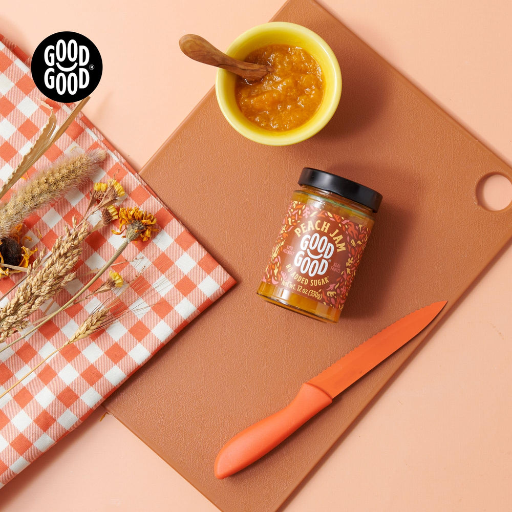 GOOD GOOD Peach Jam kitchen scene suggests everyday, gluten-free use.