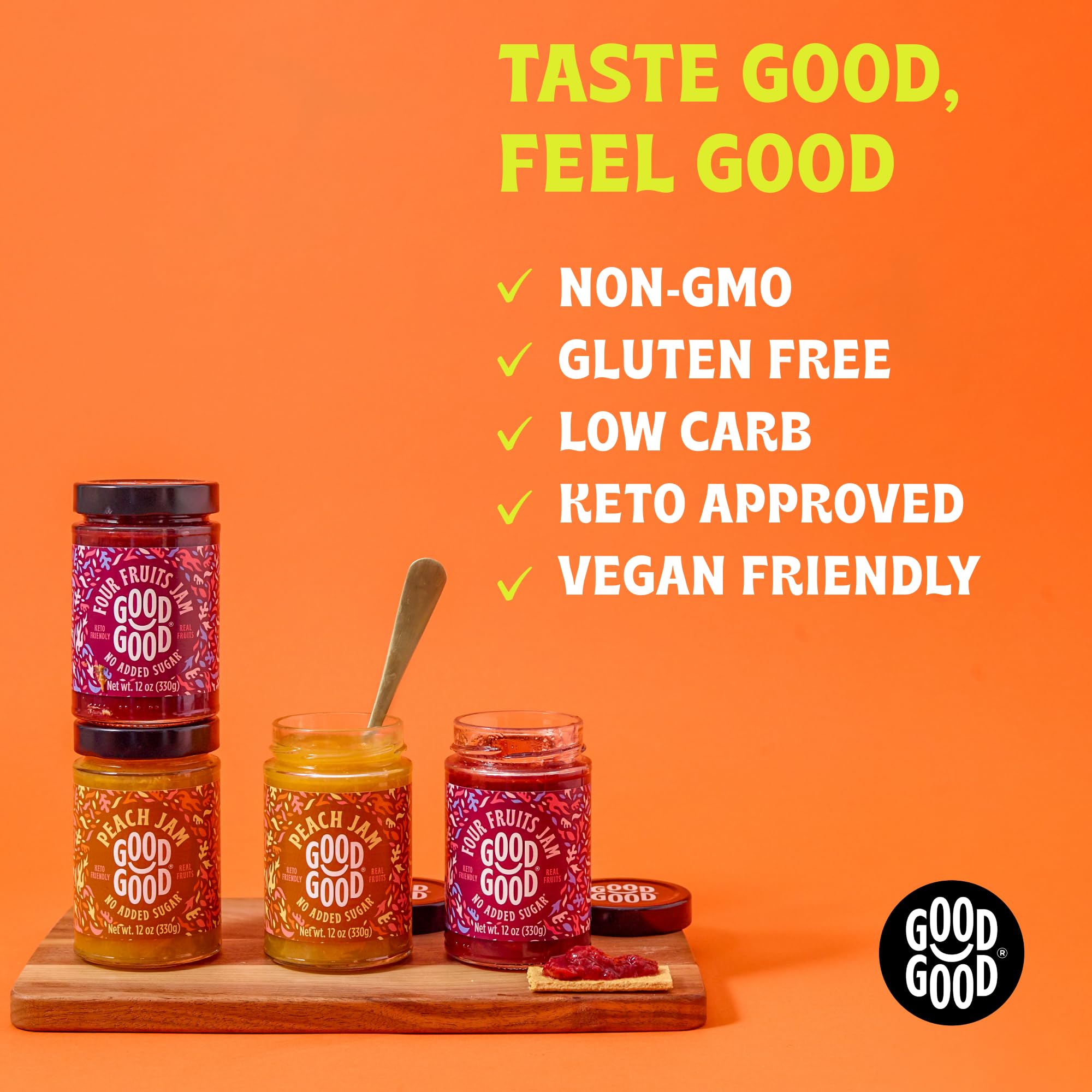 GOOD GOOD Peach Jam label highlights gluten-free and vegan attributes.