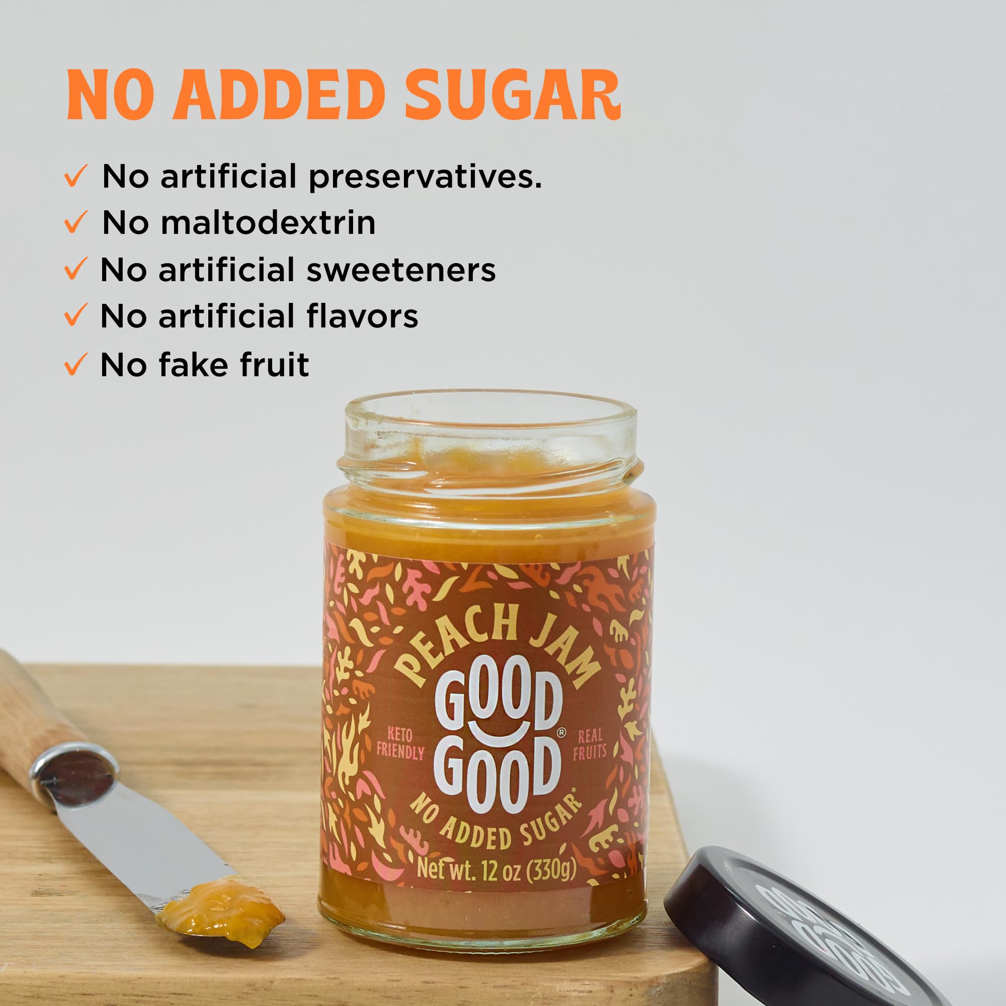 GOOD GOOD Peach Jam on toast boosts flavor with no added sugar.