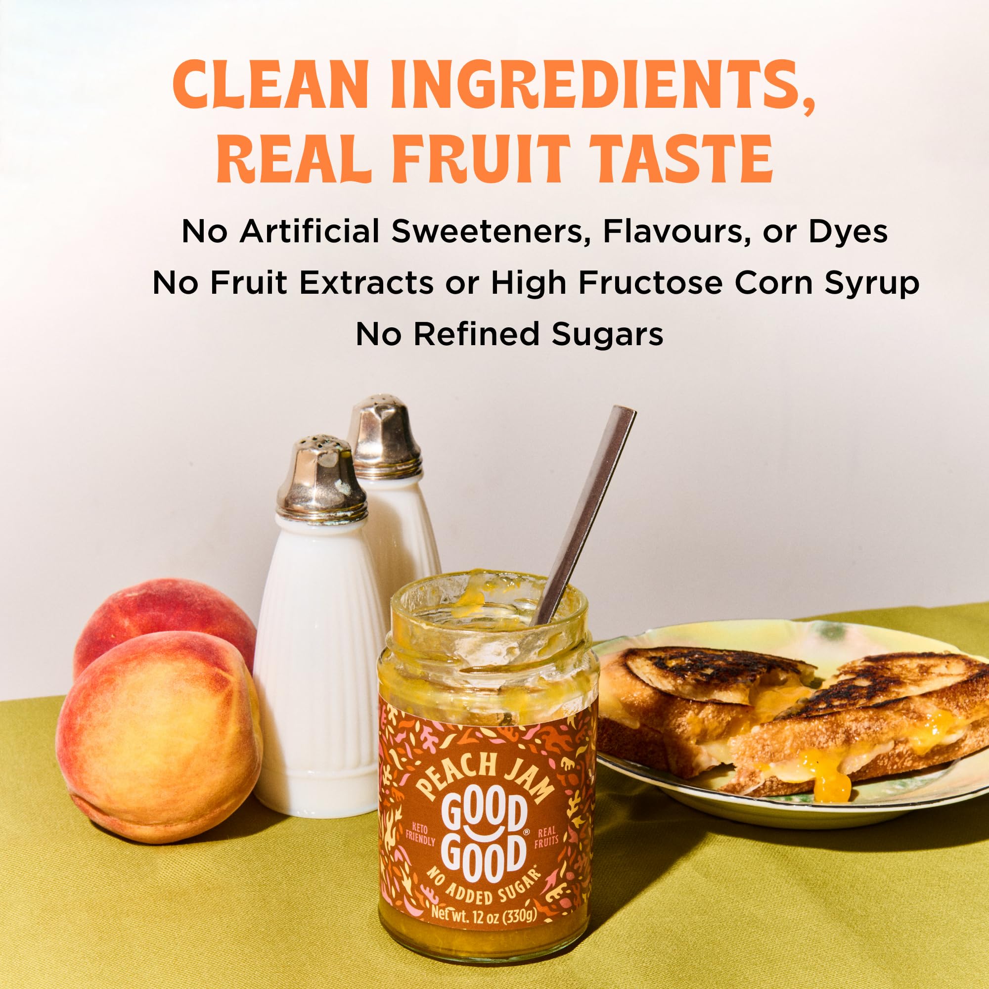 GOOD GOOD Peach Jam spread on yogurt shows versatile, plant-based sweetness.