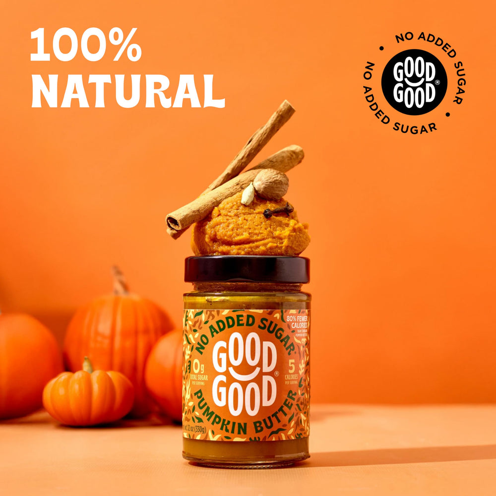 Good Good pumpkin butter beside a gluten-free and vegan label.