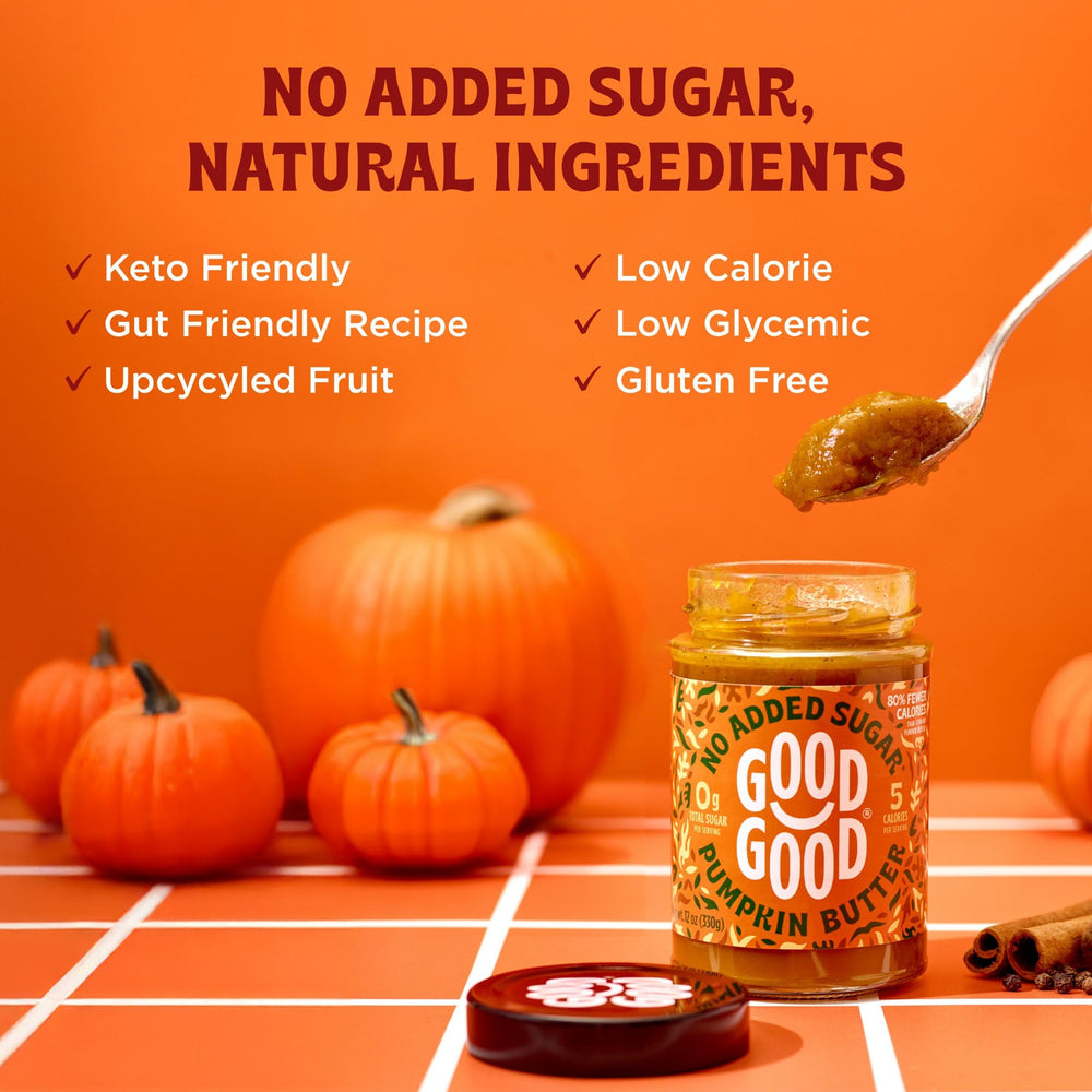 Close-up of Good Good pumpkin butter with natural ingredients visible.