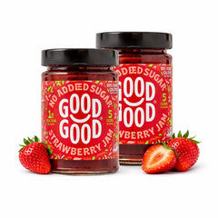 Good Good Strawberry Jam bottle pour with no added sugar, ideal for keto breakfasts.