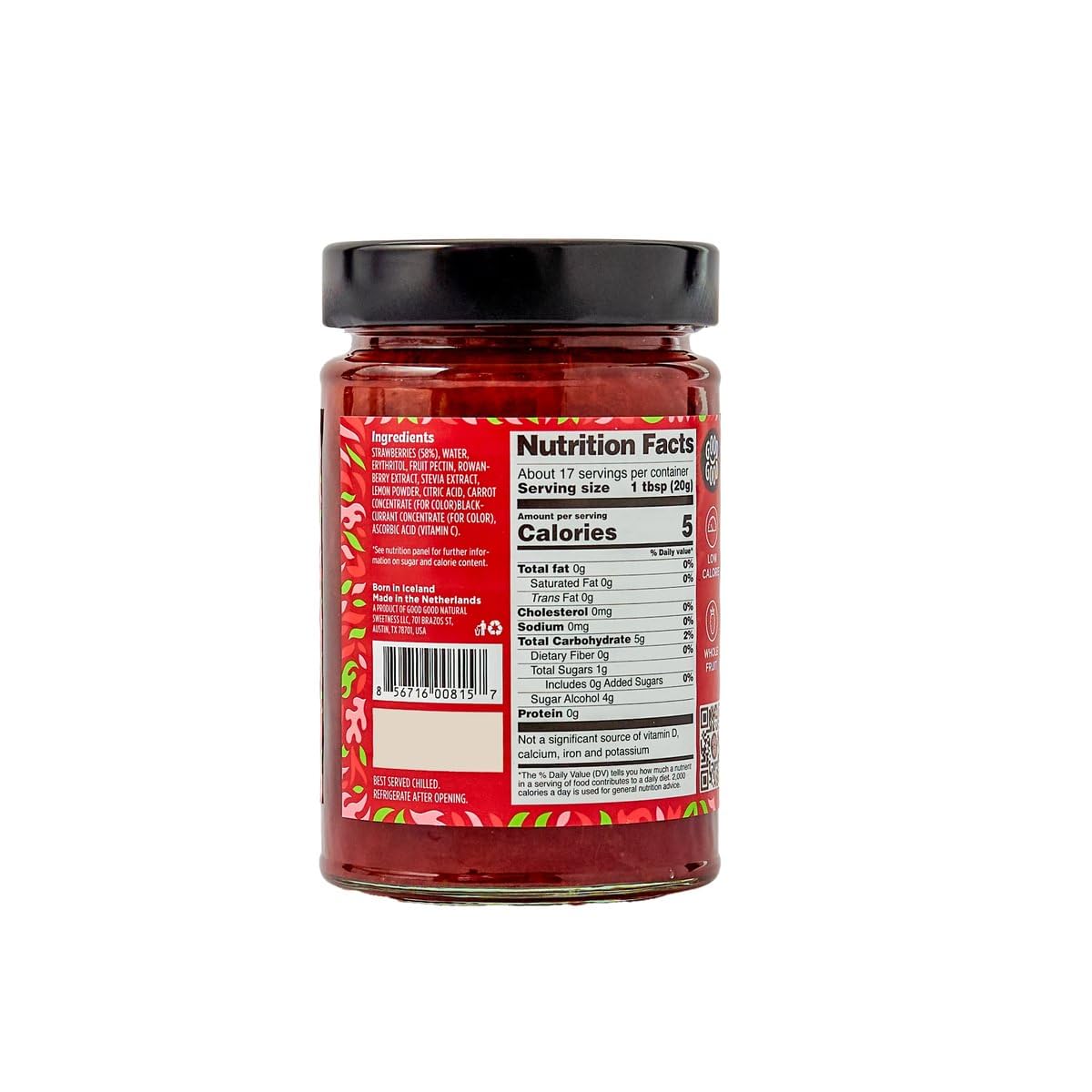 Good Good Strawberry Jam jar closeup highlighting real fruit bits and natural sweetness.