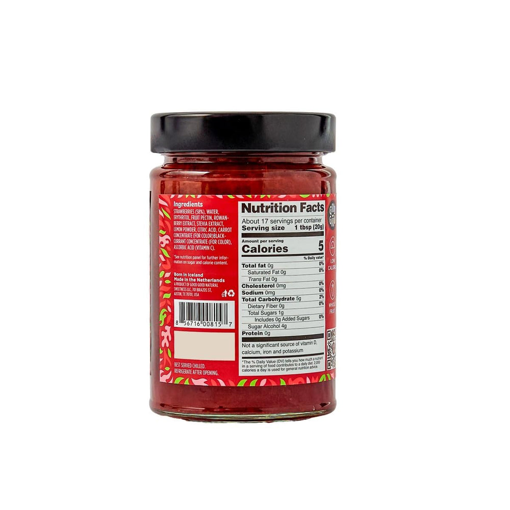 Good Good Strawberry Jam jar closeup highlighting real fruit bits and natural sweetness.