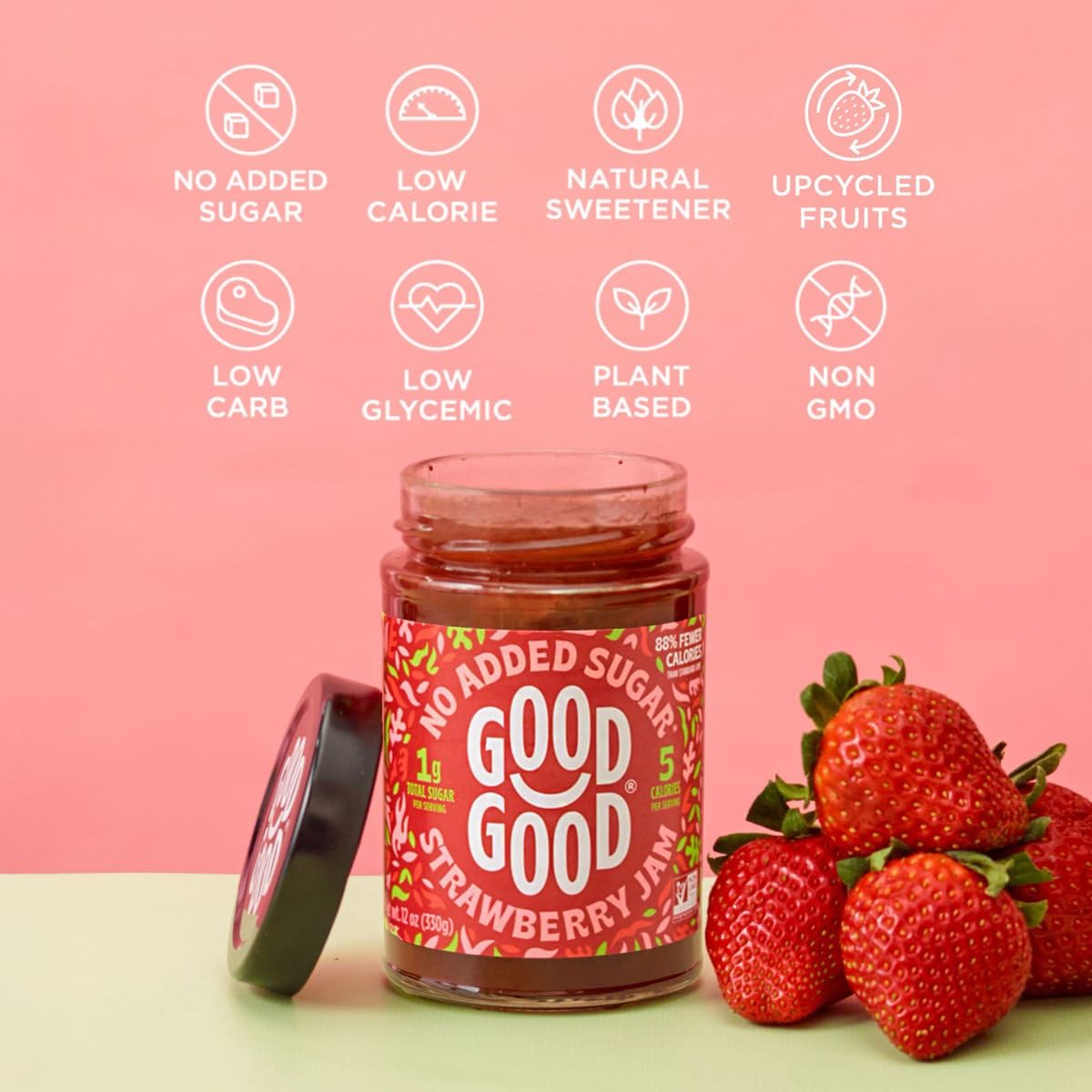 Good Good Strawberry Jam pack of 2 shown; gluten-free and vegan friendly.