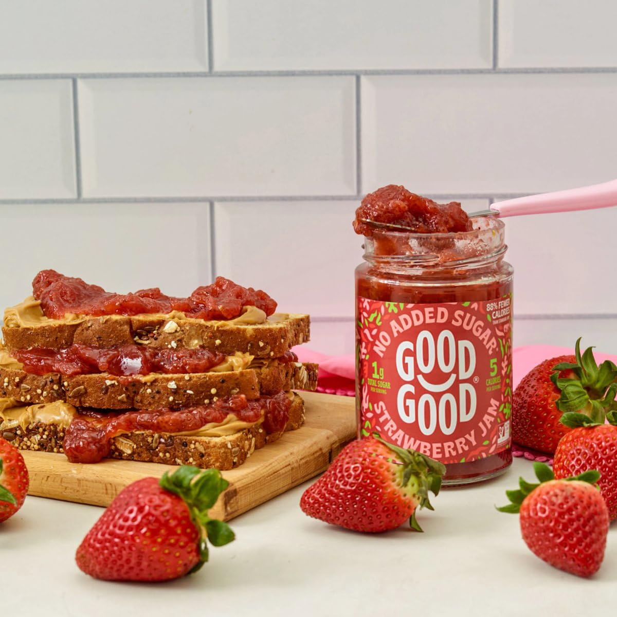 Good Good Strawberry Jam toast-serve image, breakfast flair with no added sugar.