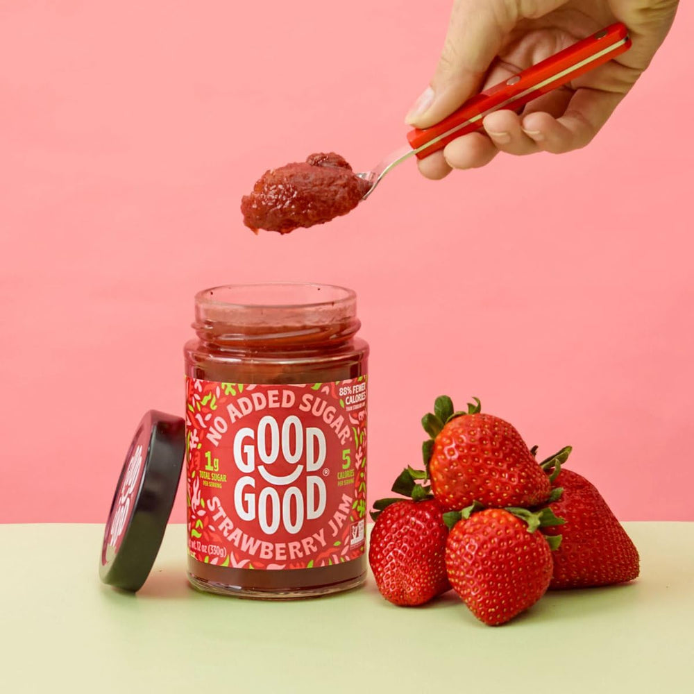Good Good Strawberry Jam yogurt topping – low calorie, keto-friendly sweetness.