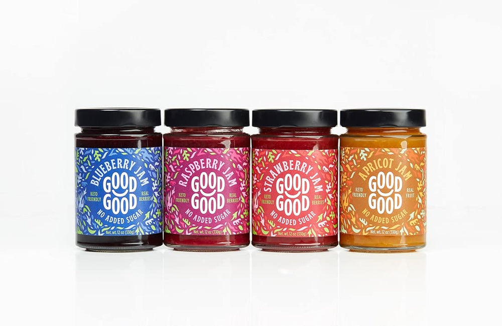 Good Good strawberry jam no added sugar jar, vibrant breakfast energizer