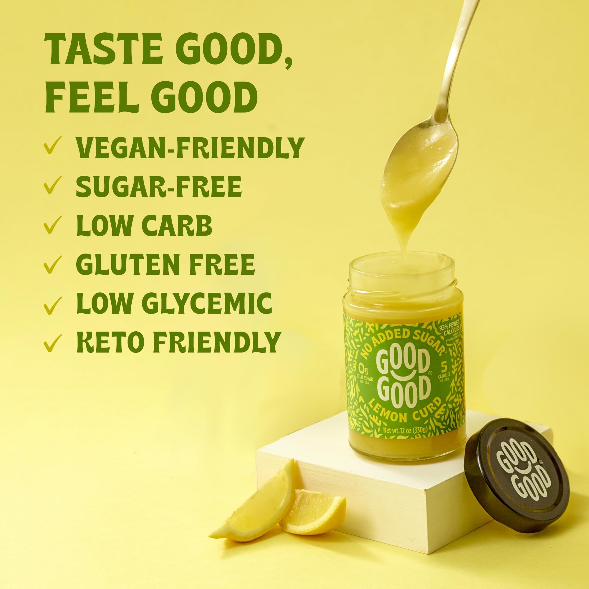 GOOD GOOD Vegan lemon curd packaging highlights no added sugars and natural sweeteners.