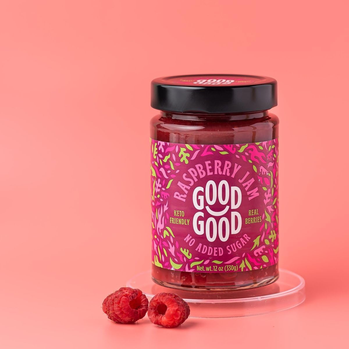Good Good vegan-friendly sugar-free jam label, appealing dietary-compatible choice