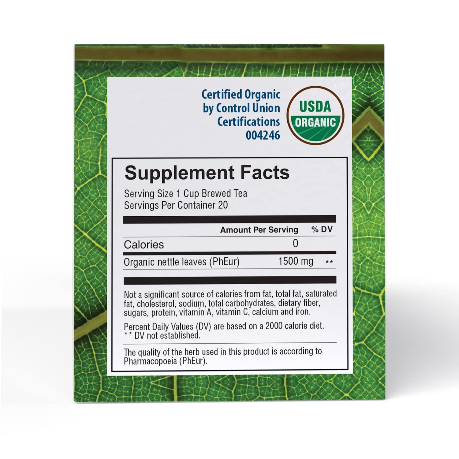 Close-up of Good Nature Nettle Tea packaging highlighting organic certification.