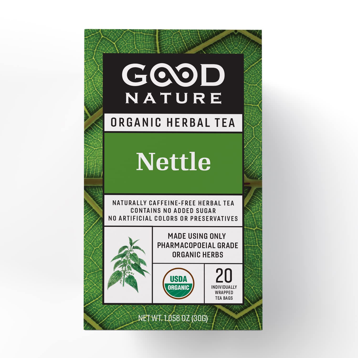 Prepared Good Nature nettle tea in a mug, ready to sip.