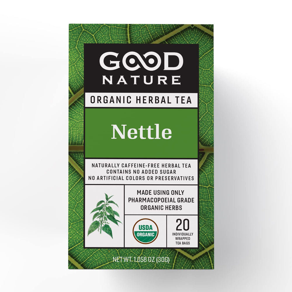 Prepared Good Nature nettle tea in a mug, ready to sip.