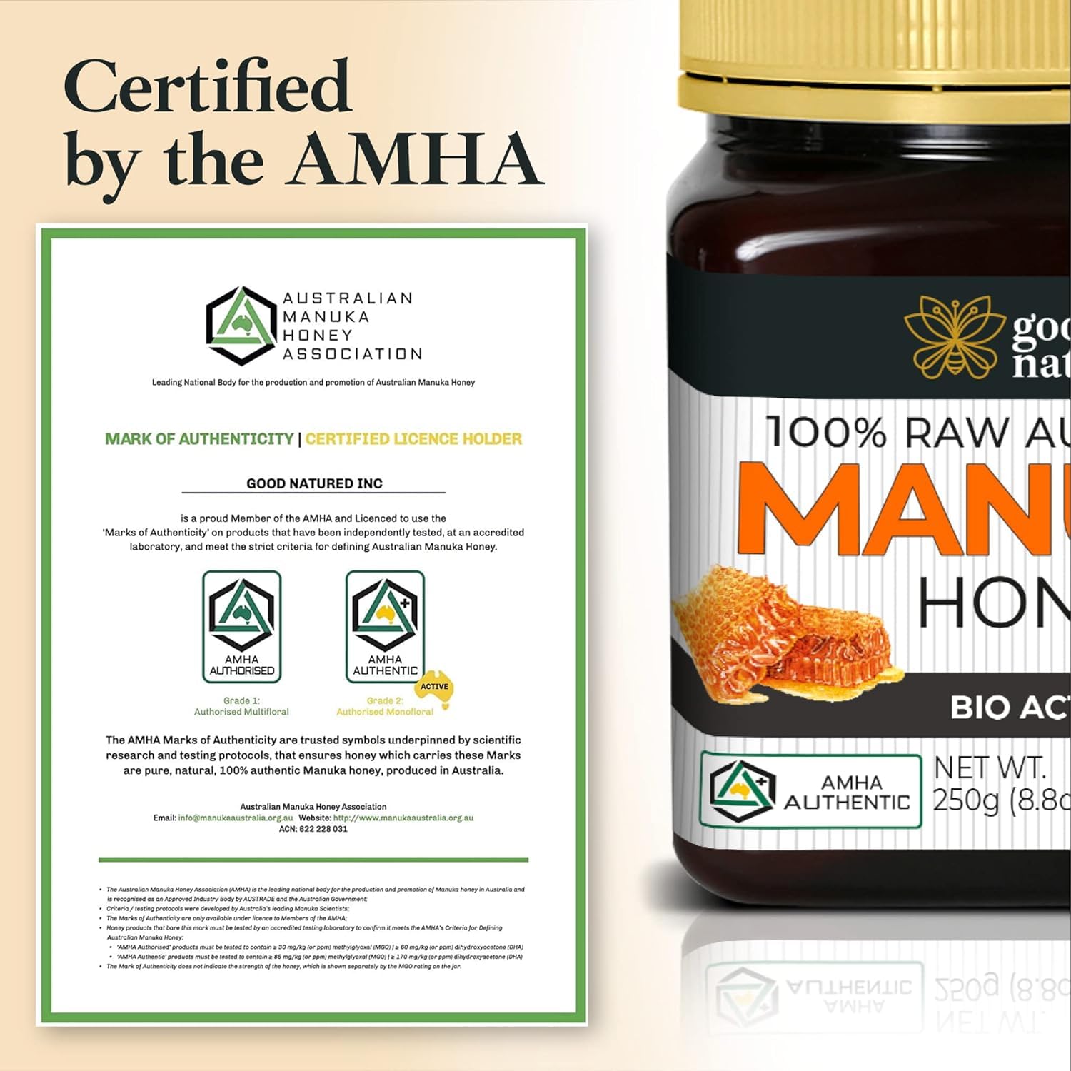 Good Natured Manuka Honey AMHA certification visible on label