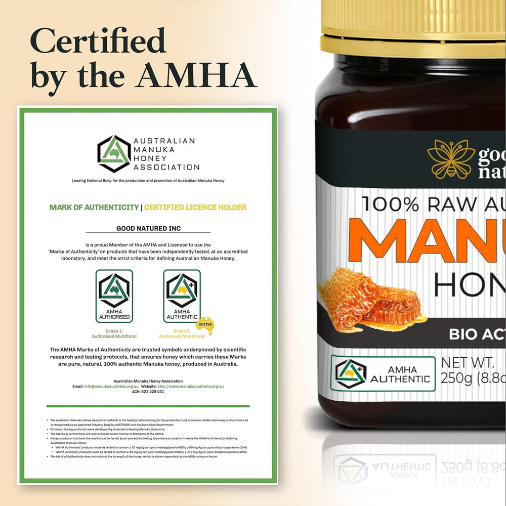 Good Natured Manuka Honey AMHA certification visible on label