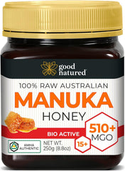 Good Natured Manuka Honey bottle close-up, perfect for daily tea or yogurt.