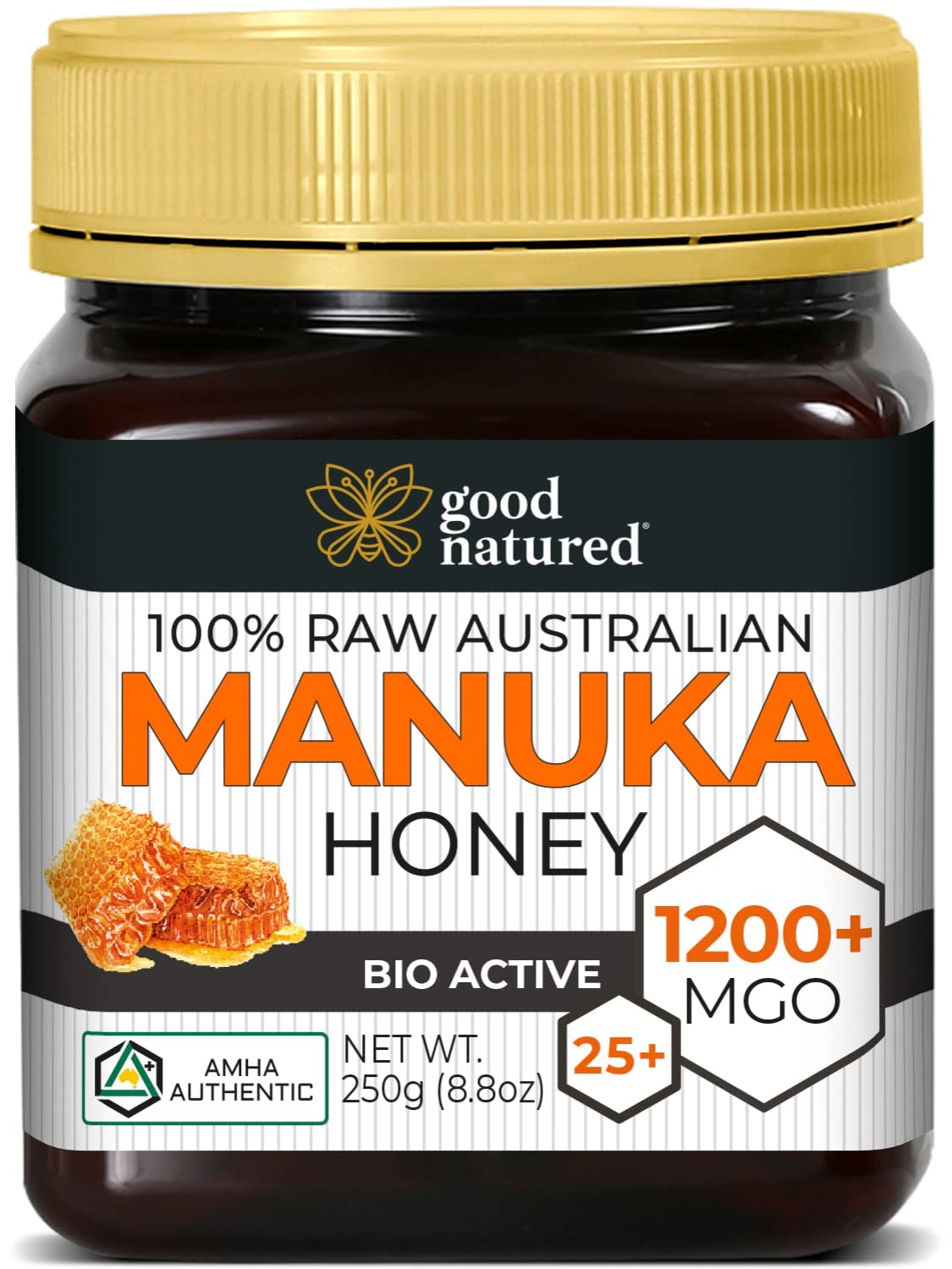Good Natured Manuka Honey bottle with MGO 1200 label for quality