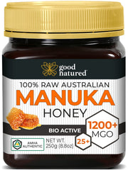Good Natured Manuka Honey bottle with MGO 1200 label for quality