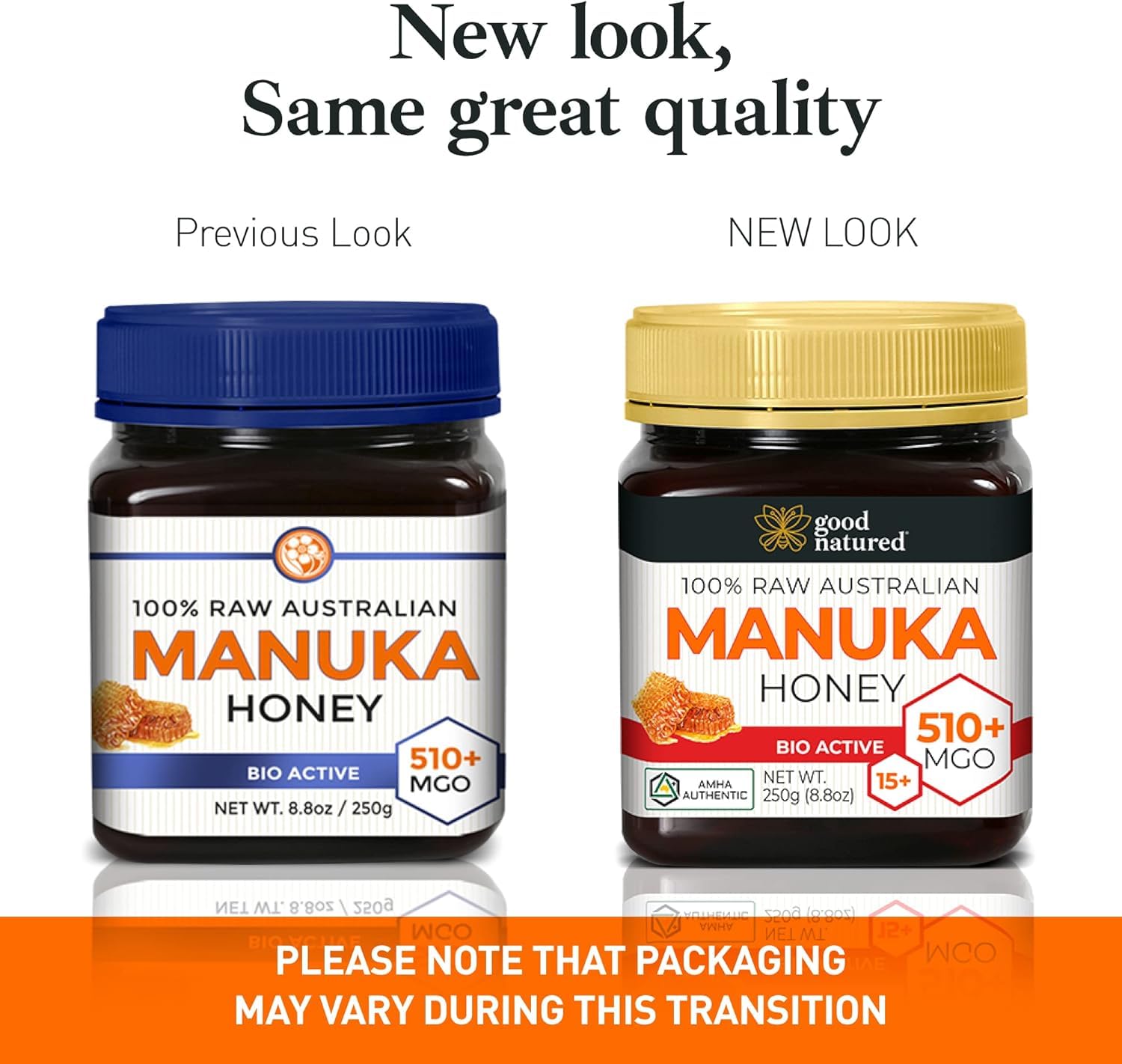 Good Natured Manuka Honey jar and label showing MGO potency and lab-tested quality.