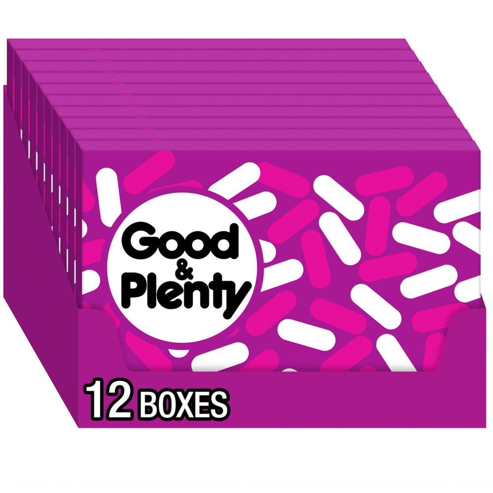 GOOD & PLENTY licorice candies with pink and white coating, perfect for sharing at movie night.