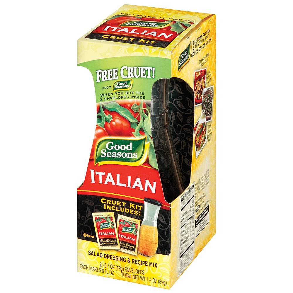 Good Seasons cruet with Italian dressing for convenient drizzle and even coating.