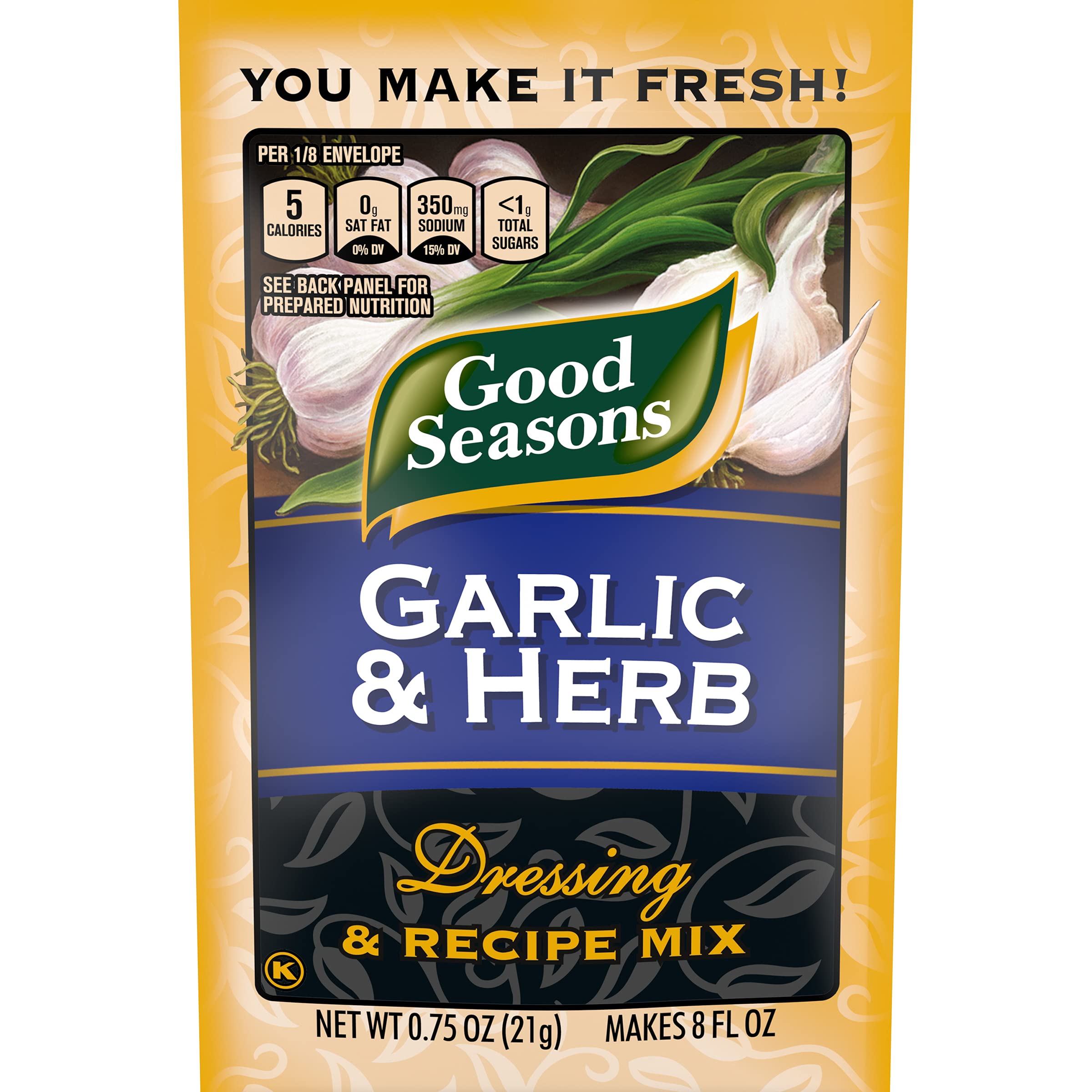 Good Seasons Garlic & Herb dressing envelope packaging showing convenient pantry storage.