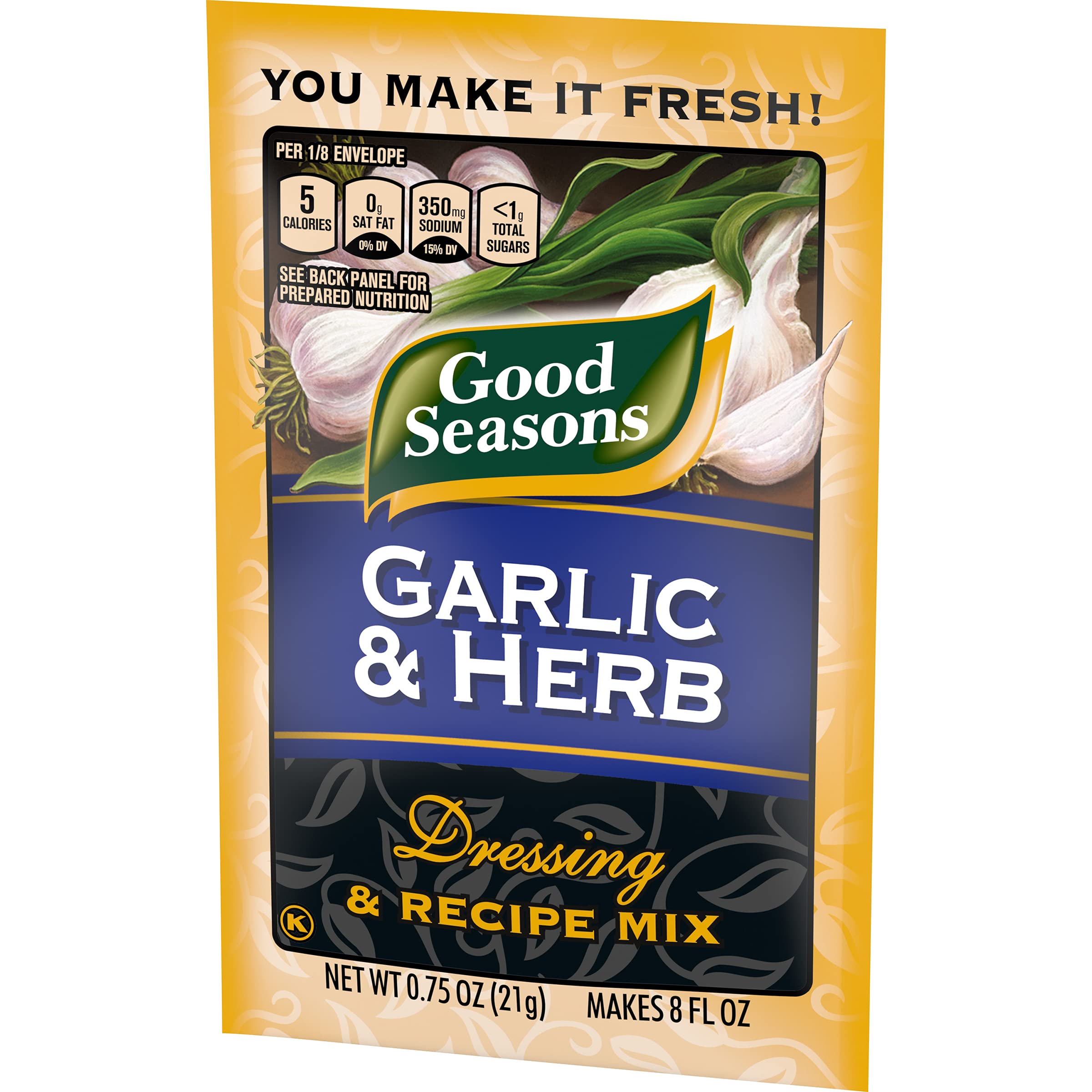 Good Seasons Garlic & Herb dressing label close-up for easy pantry identification.