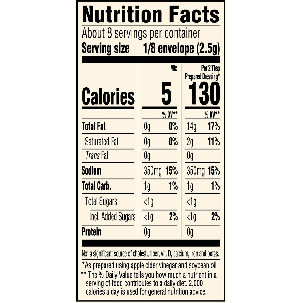 Good Seasons Garlic & Herb dressing packaging back lists ingredients and nutrition.