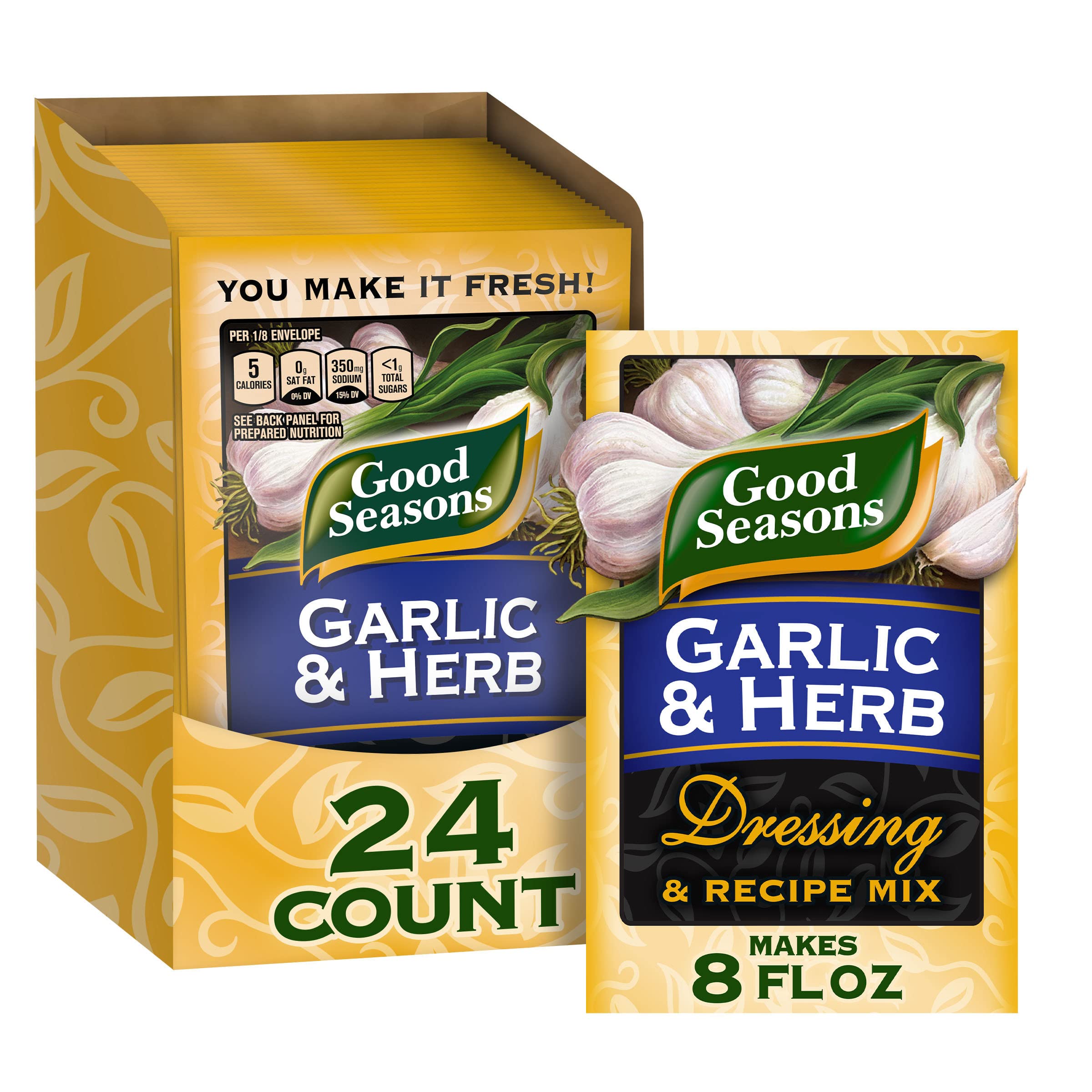 Good Seasons Garlic & Herb dressing packaging front showcases authentic Italian flavor.