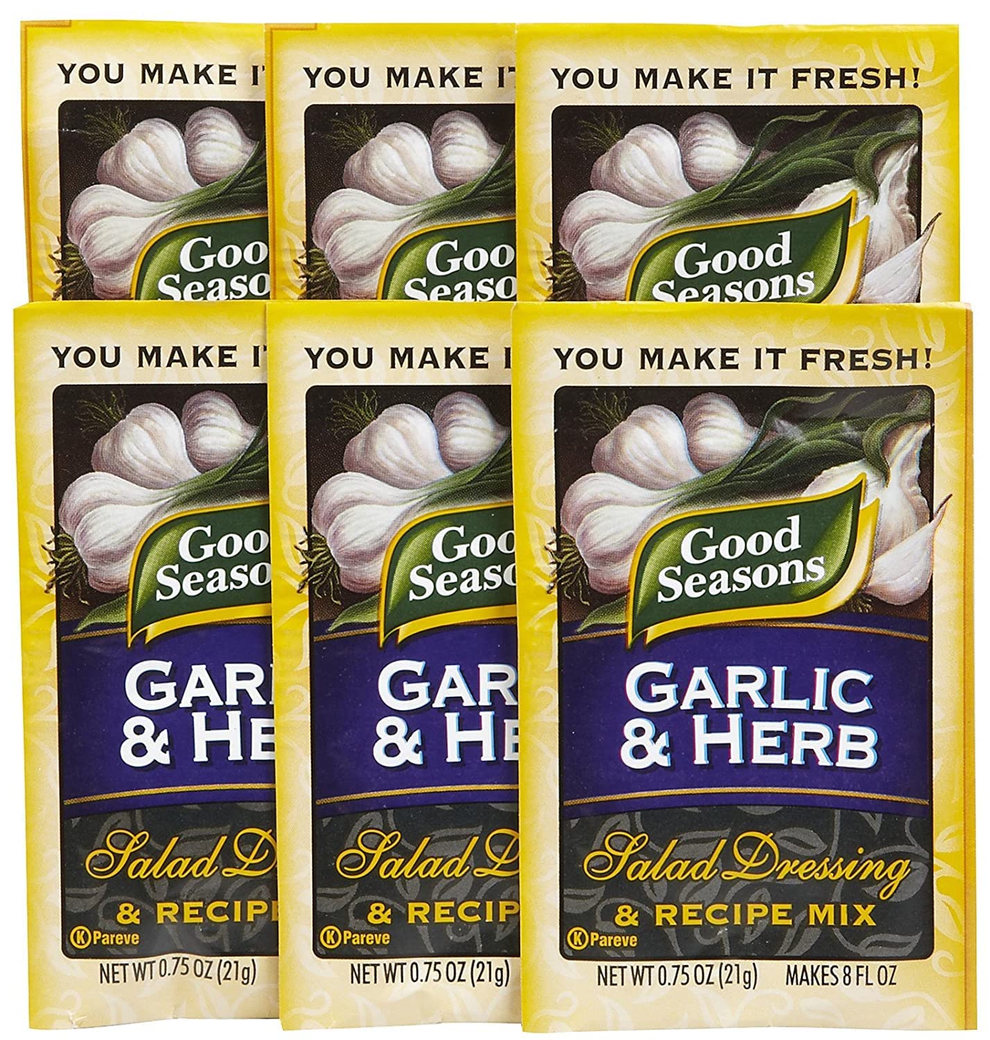 Good Seasons Garlic & Herb dressing packet on pantry shelf for quick flavor boost