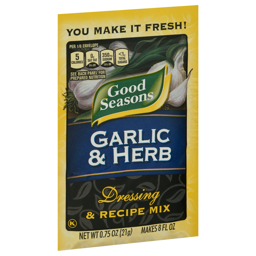 Kitchen table setup with Good Seasons Garlic & Herb dressing ready to use