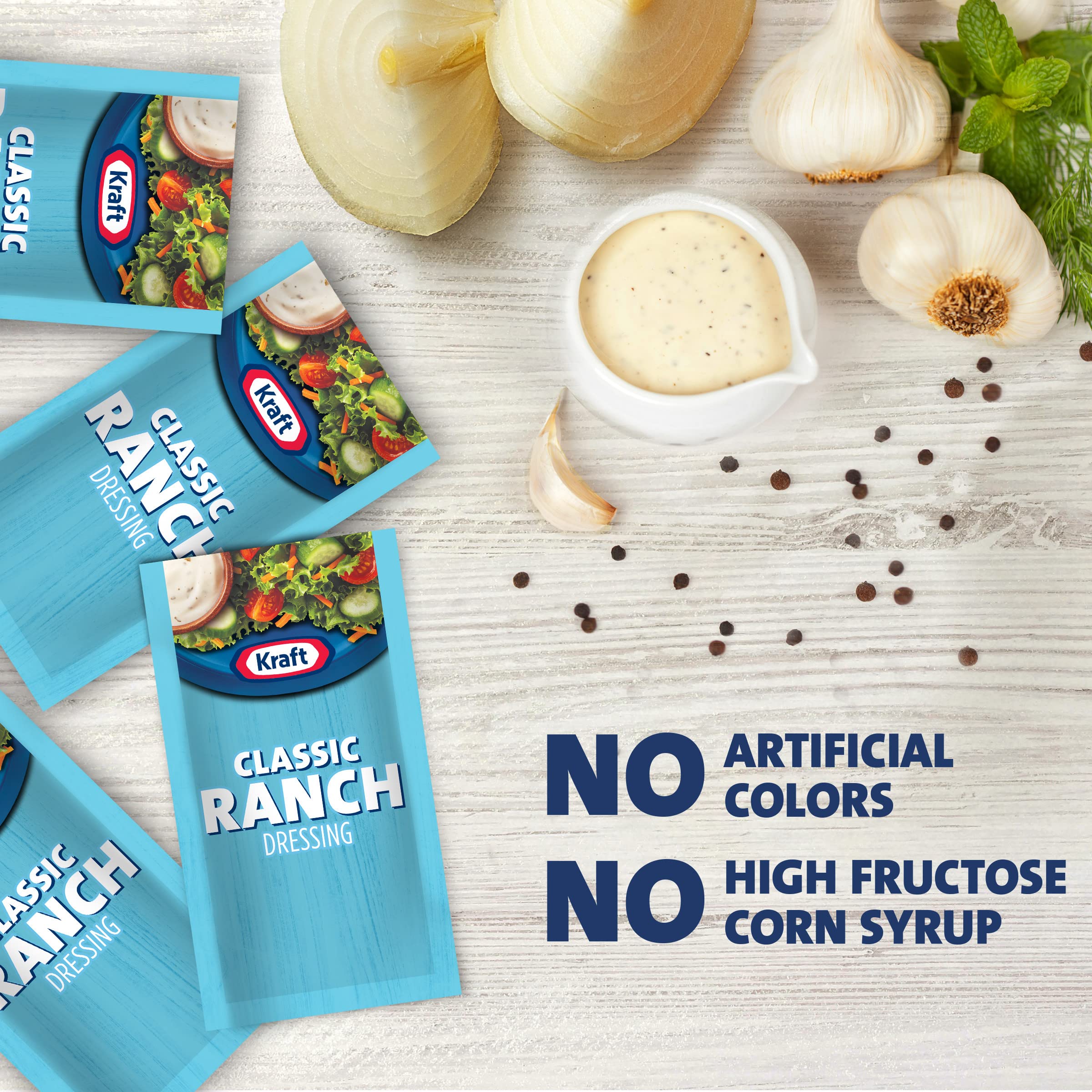 Good Seasons Kraft Ranch dressing drizzle over greens highlights classic flavor and texture.