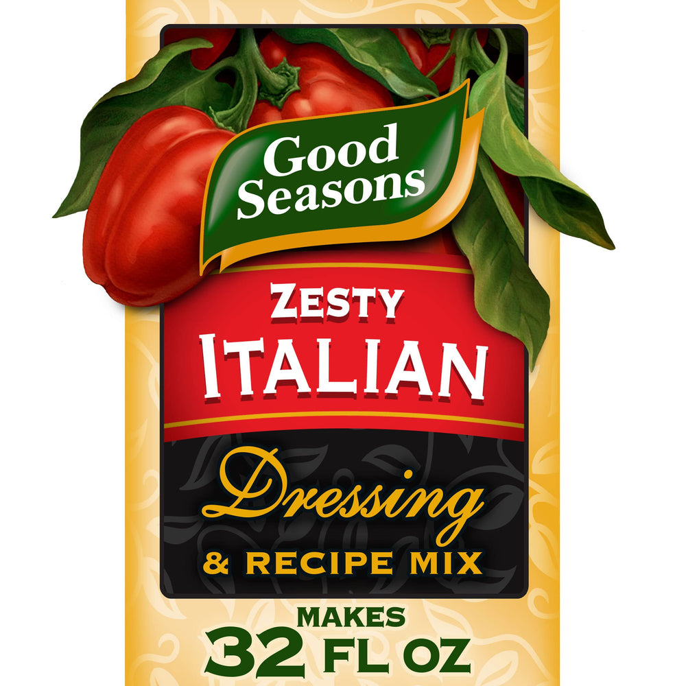 Good Seasons Zesty Italian box front for quick flavor boost on salads.