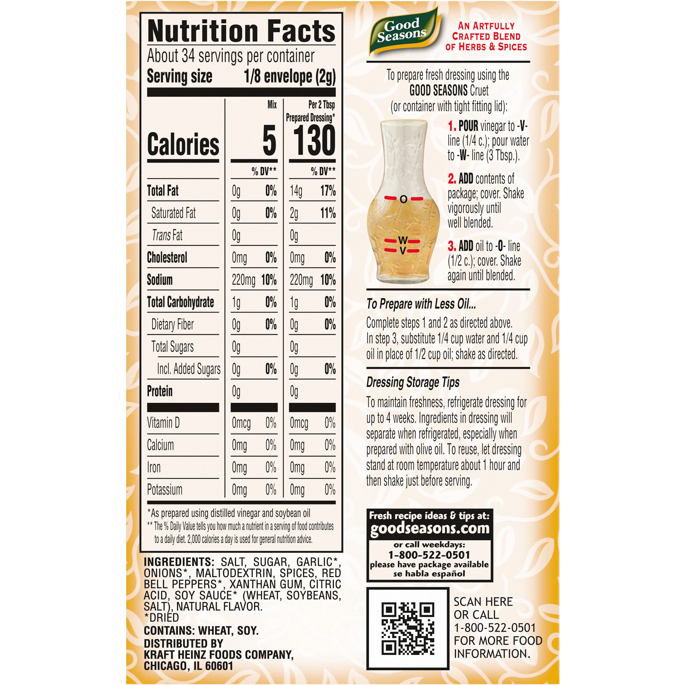 Good Seasons Zesty Italian nutrition label highlights calories per serving.
