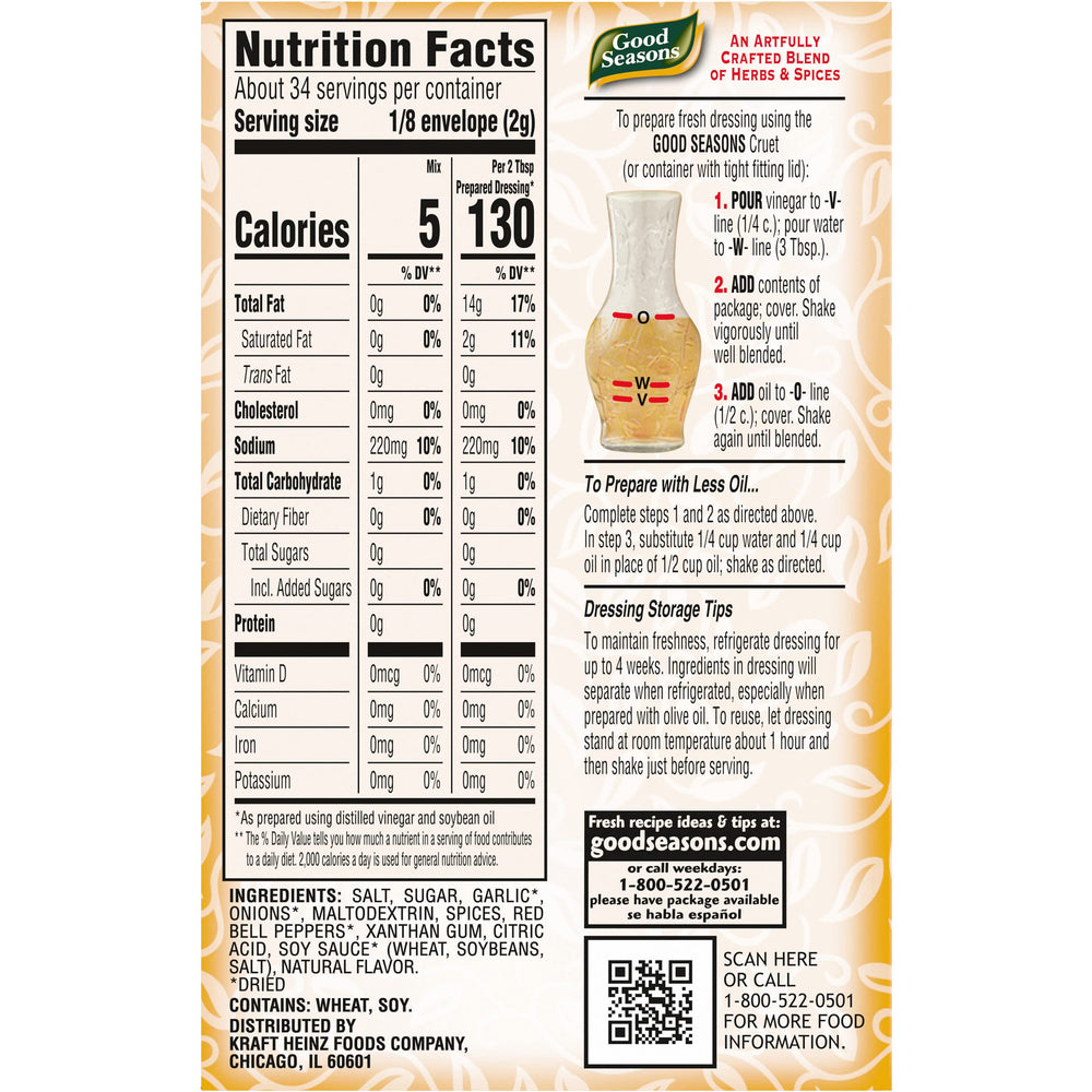 Good Seasons Zesty Italian nutrition label highlights calories per serving.