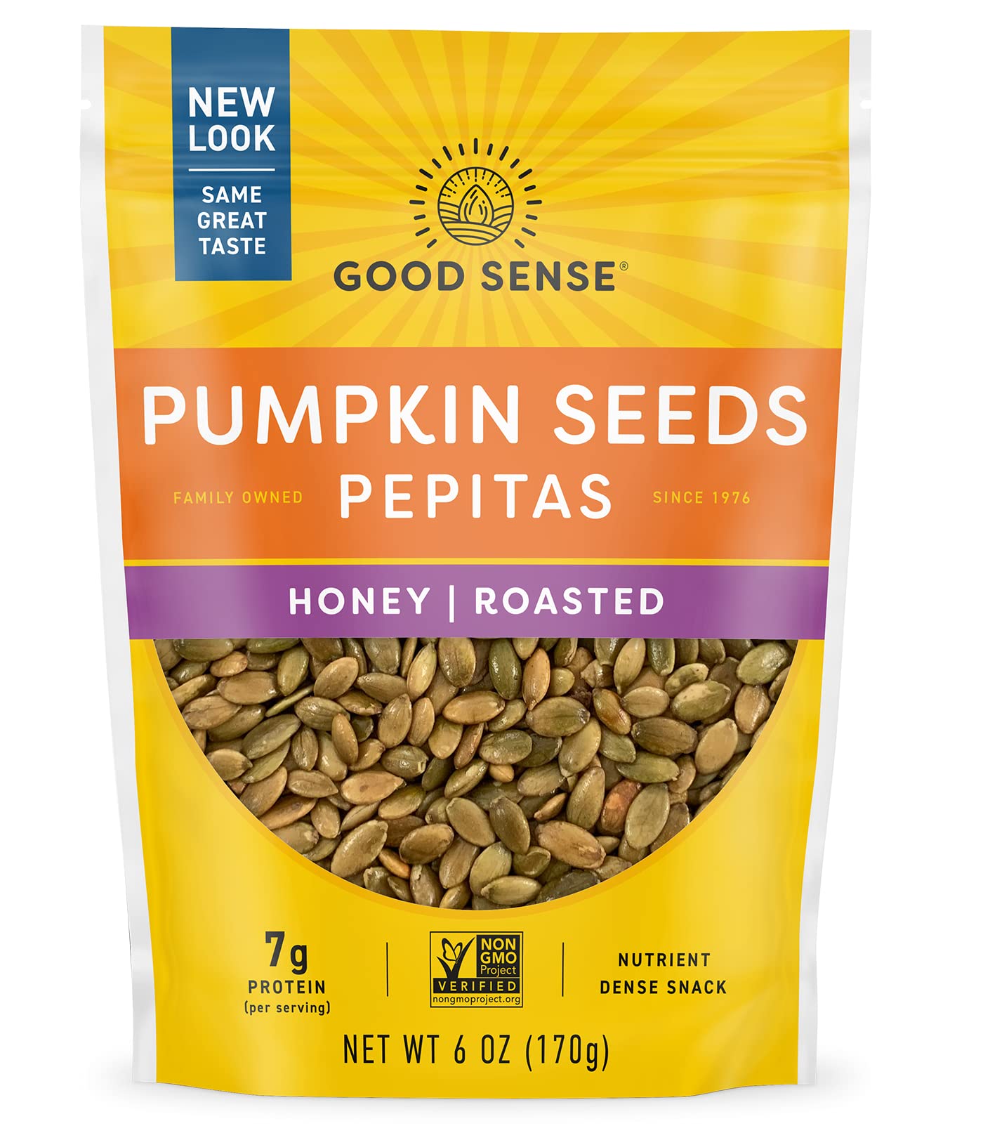 Good Sense honey roasted pumpkin seeds bag front, ideal for on-the-go snacking.