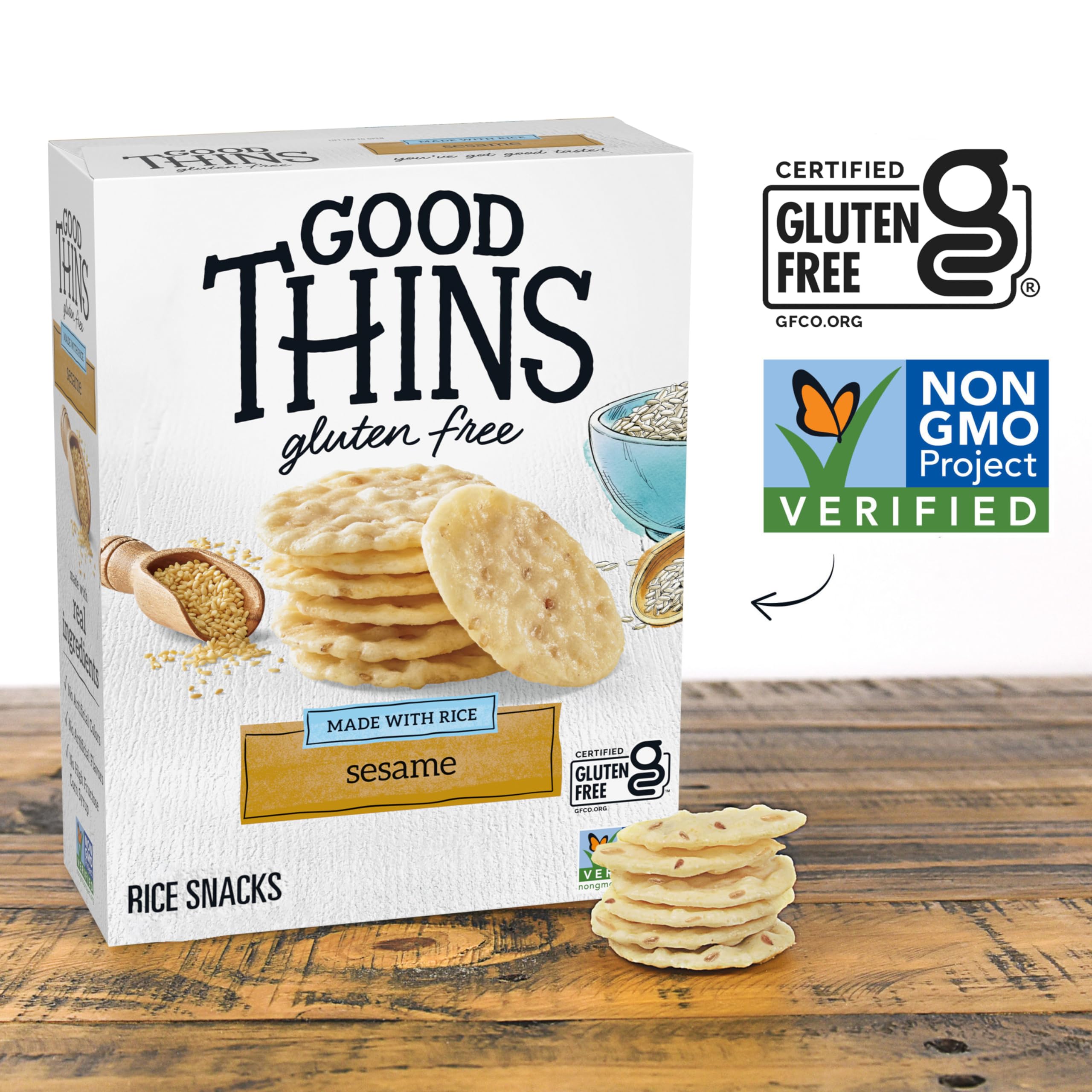 Non-GMO Project Verified badge with Good Thins sesame rice snacks.