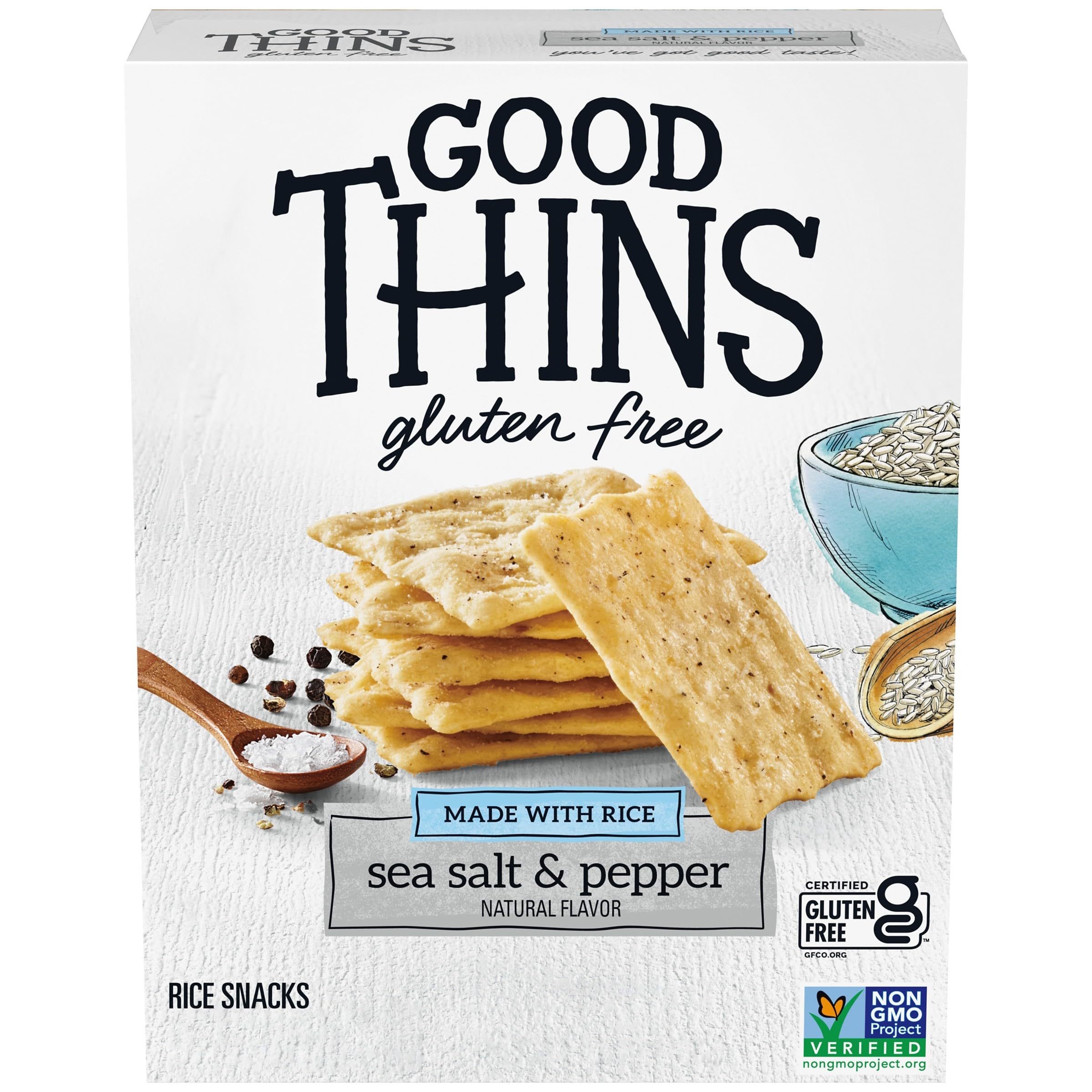 Good Thins sea salt pepper rice snacks in packaging, ideal for on-the-go snacking.
