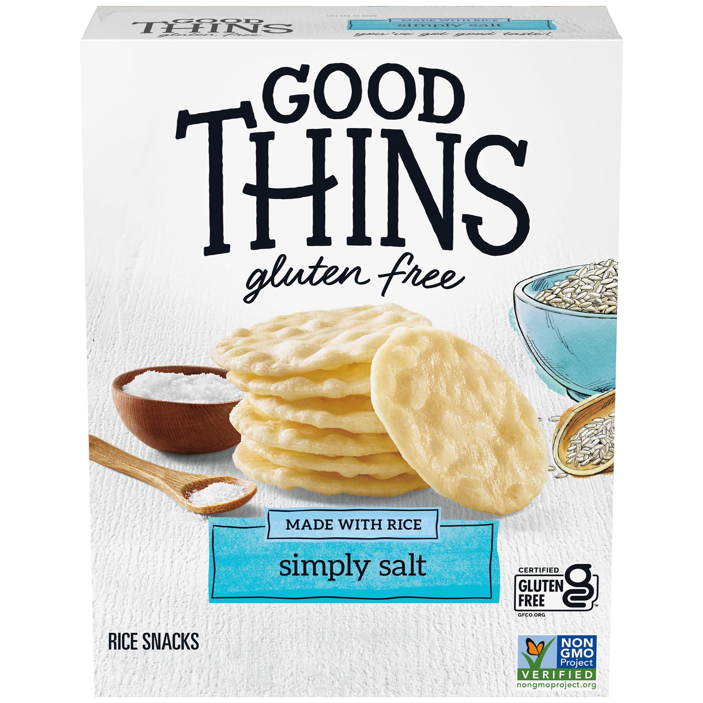 Good Thins Simply Salt Rice Crackers box shown for quick gluten-free snacking