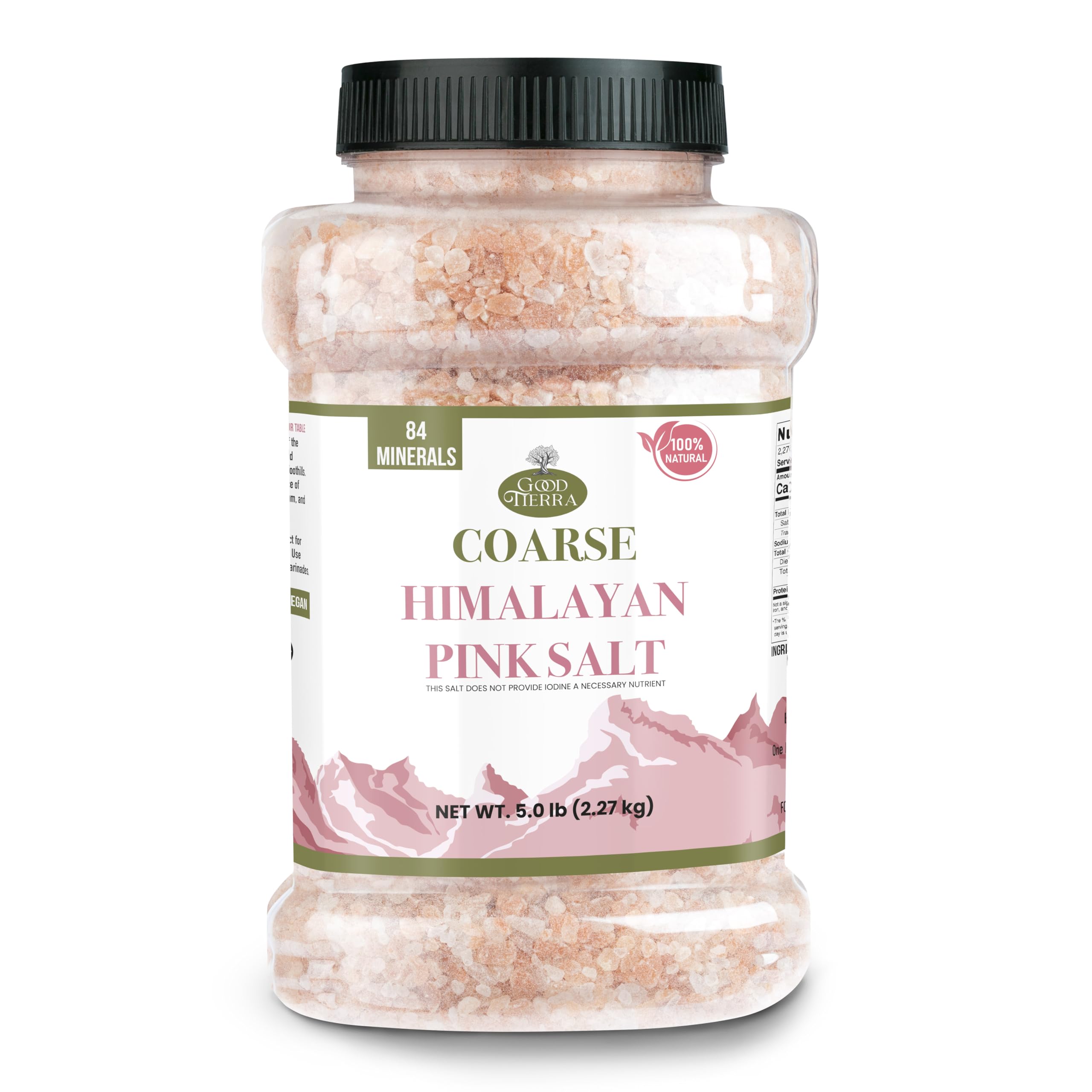 Good Tierra Himalayan Pink Salt jar with coarse crystals for grinder use and seasoning.