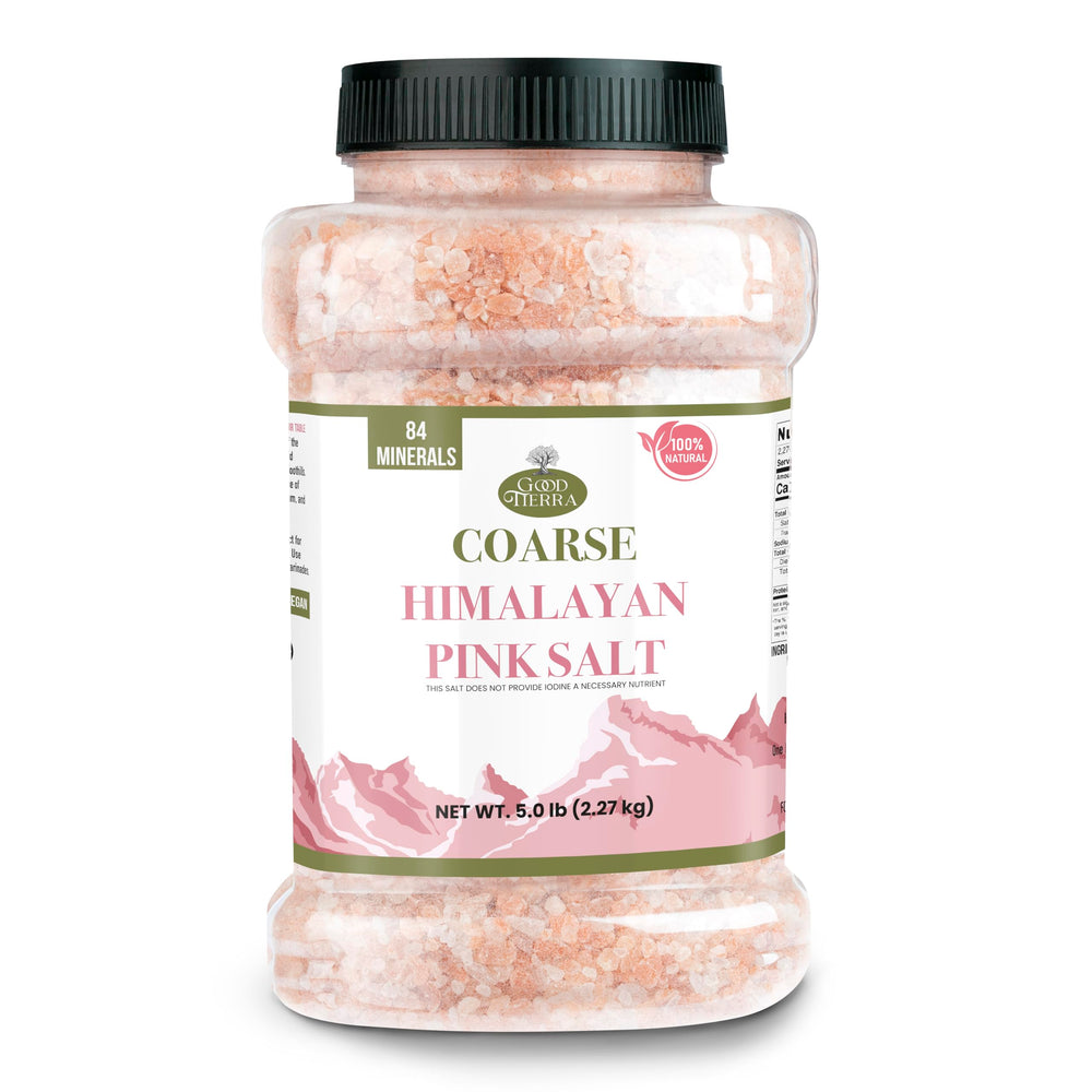 Good Tierra Himalayan Pink Salt jar with coarse crystals for grinder use and seasoning.